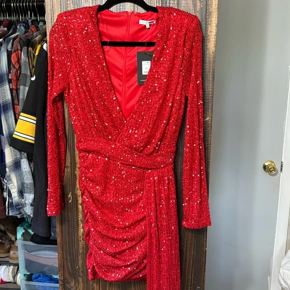 Fashion Nova | Dresses | Red Plunge Neck Sequin Mini Dress | Poshmark